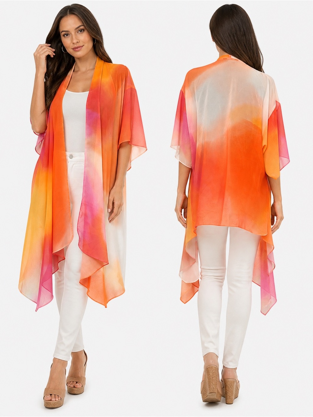 Nicole by Nicole Miller Sheer Kimono Cardigan Orange Pink Ombre Chiffon Duster M - Picture 2 of 9